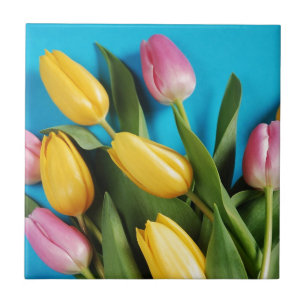 Beautiful pink and yellow spring tulips tile