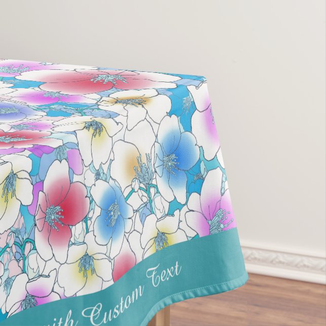 Beautiful Pink Blue Floral Artwork Personalized Tablecloth (In Situ)