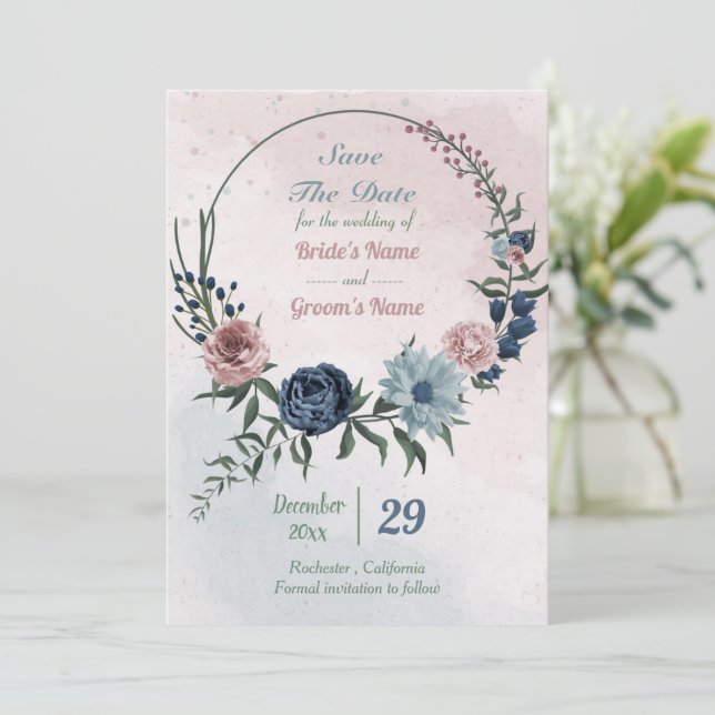 beautiful pink blue floral wreath  save the date (Standing Front)