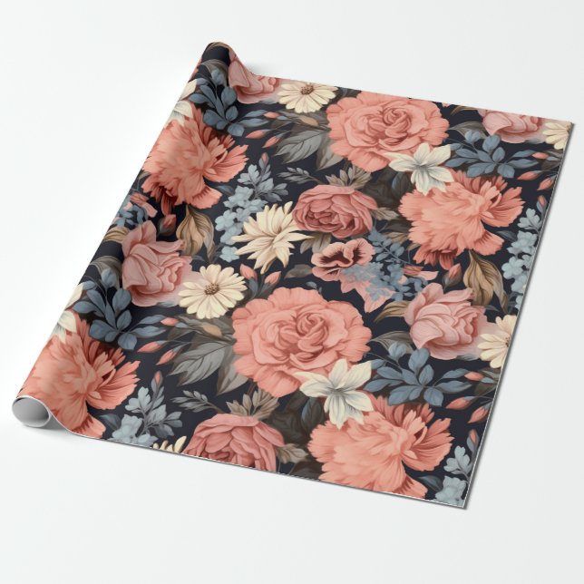 Beautiful Pink Blue Vintage Floral Wrapping Paper (Unrolled)