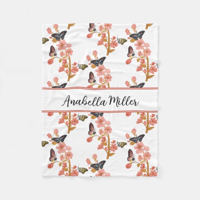 Beautiful Pink Boho Butterfly Pattern Kids Name Fleece Blanket (Front)