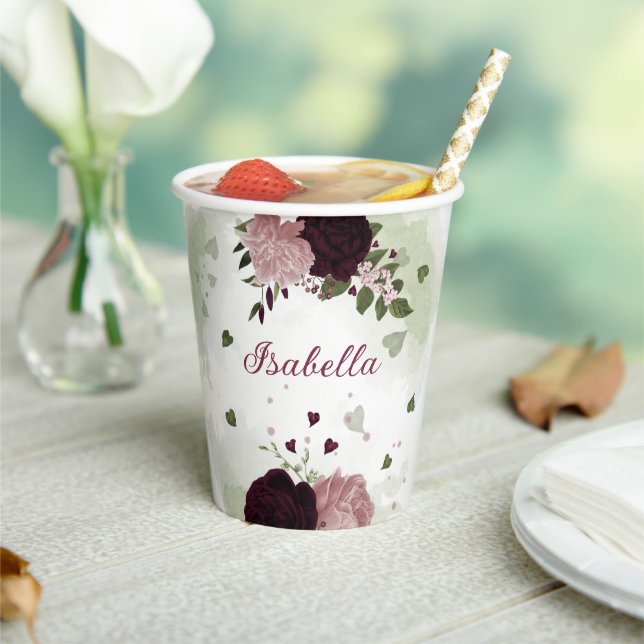 beautiful pink burgundy flowers greenery paper cups (Insitu)
