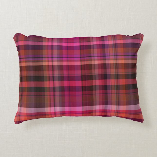 Beautiful pink burgundy red purple tartan plaid accent pillow (Front)