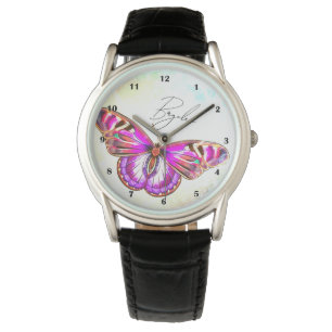 Beautiful Pink Butterfly Illustration Custom Name  Watch