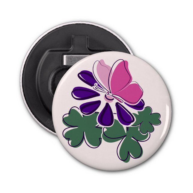 Beautiful Pink Butterfly Purple Flower Doodle Bottle Opener (Front)