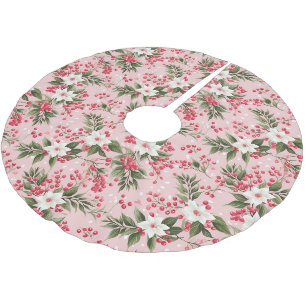 Beautiful Pink Christmas Floral And Berries  Brushed Polyester Tree Skirt