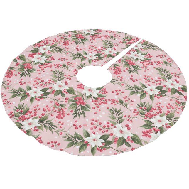 Beautiful Pink Christmas Floral And Berries  Brushed Polyester Tree Skirt (Angled)