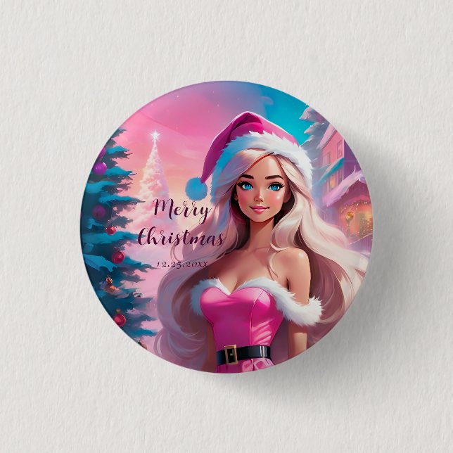 Beautiful Pink Christmas Girl 01 1 Inch Round Button (Front)