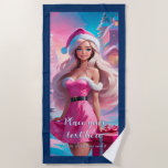 Beautiful Pink Christmas Girl 01 Beach Towel<br><div class="desc">Lovely illustration of a Beautiful girl in pink dress and Santa Claus hat with gift box near Christmas tree. Choose this adorable girl in Santa suites surrounded by the magical Christimas athmosphere to celebrate your holidays with joy and a touch of magic. You can find all the related items in...</div>
