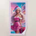 Beautiful Pink Christmas Girl 01 Beach Towel<br><div class="desc">Lovely illustration of a Beautiful girl in pink dress and Santa Claus hat with gift box near Christmas tree. Choose this adorable girl in Santa suites surrounded by the magical Christimas athmosphere to celebrate your holidays with joy and a touch of magic. You can find all the related items in...</div>