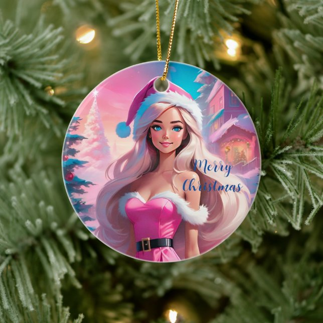 Beautiful Pink Christmas Girl 01 Ceramic Ornament (Tree)