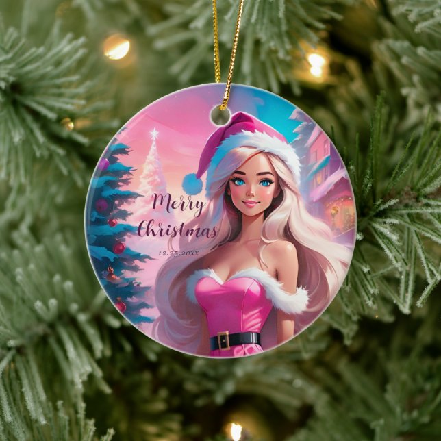 Beautiful Pink Christmas Girl 01 Ceramic Ornament (Tree)