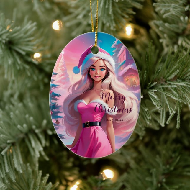 Beautiful Pink Christmas Girl 01 Ceramic Ornament (Tree)