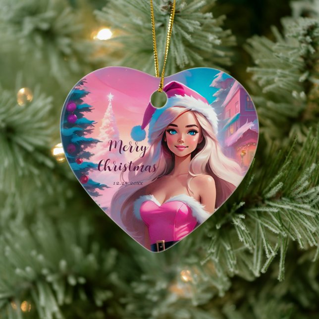 Beautiful Pink Christmas Girl 01 Ceramic Ornament (Tree)