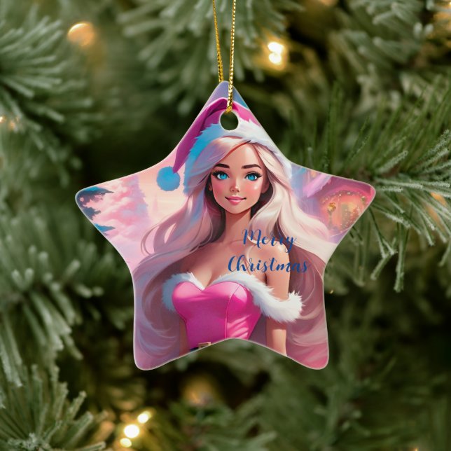 Beautiful Pink Christmas Girl 01 Ceramic Ornament (Tree)