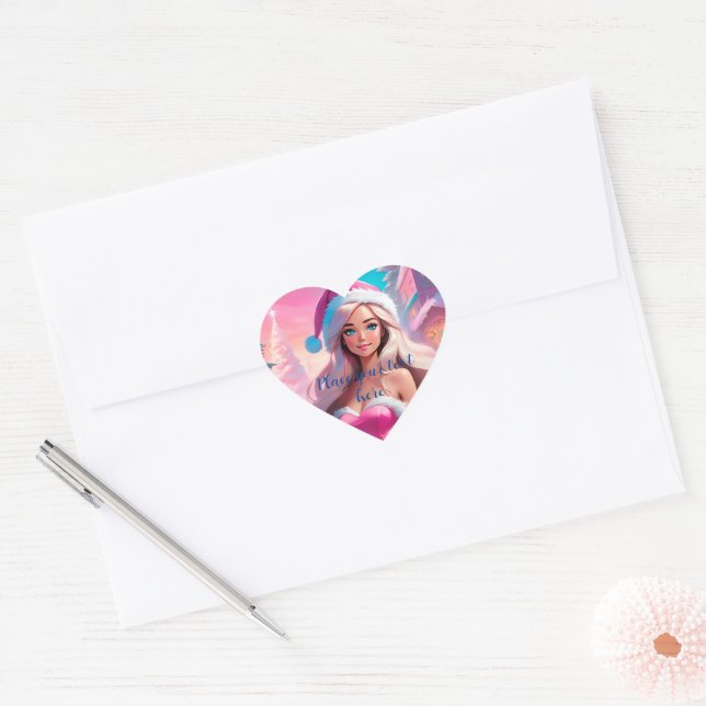 Beautiful Pink Christmas Girl 01 Heart Sticker (Envelope)