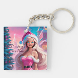 Beautiful Pink Christmas Girl 01 Keychain