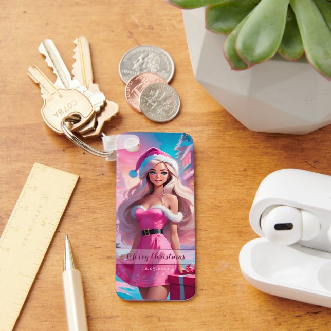 Beautiful Pink Christmas Girl 01 Keychain (Desk)