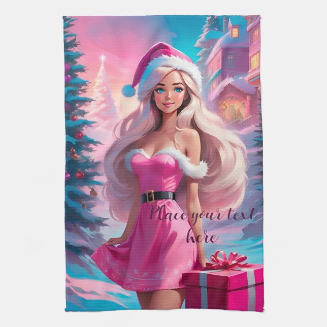 Beautiful Pink Christmas Girl 01 Kitchen Towel (Vertical)