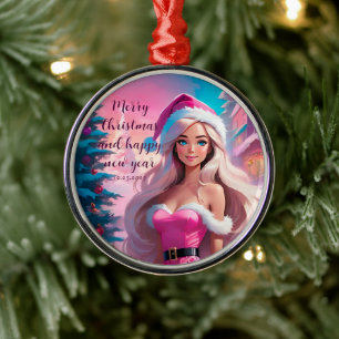 Beautiful Pink Christmas Girl 01 Metal Ornament