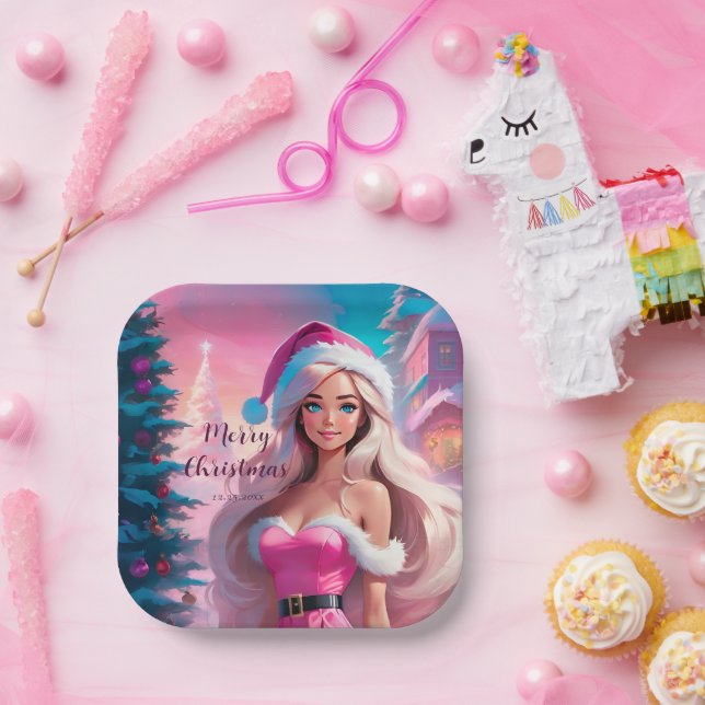 Beautiful Pink Christmas Girl 01 Paper Plate (Party)