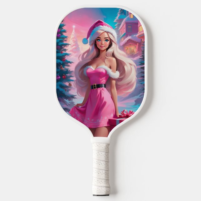 Beautiful Pink Christmas Girl 01 Pickleball Paddle (Front)