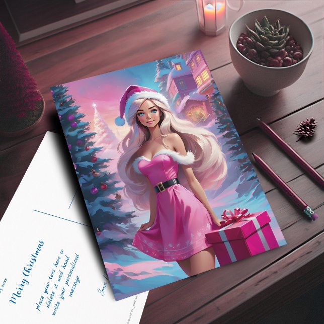 Beautiful Pink Christmas Girl 01 Postcard (Beautiful Pink Christmas Girl Postcard. Customizable with your text.)