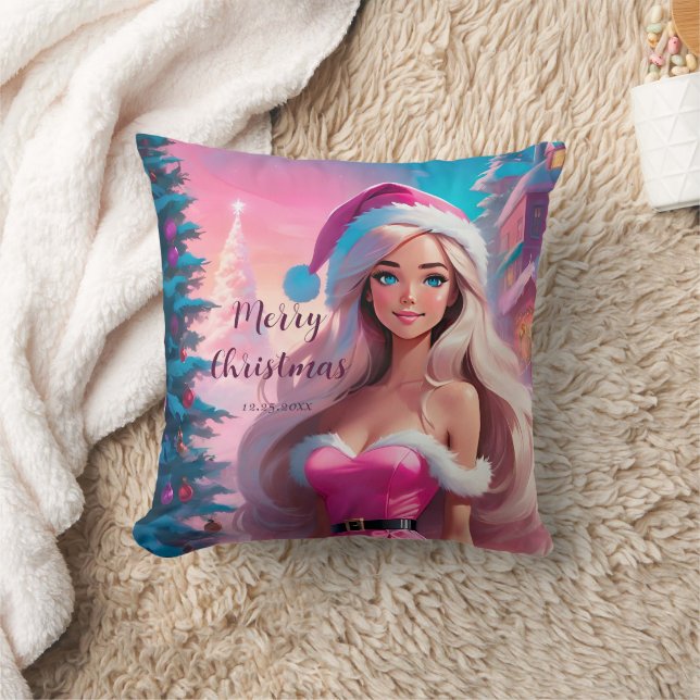 Beautiful Pink Christmas Girl 01 Throw Pillow (Blanket)