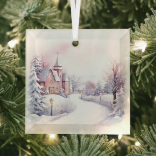 Beautiful Pink Christmas Landscapes  Glass Ornament