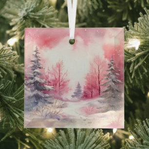 Beautiful Pink Christmas Landscapes Glass Ornament