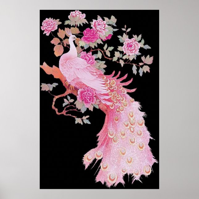 Beautiful Pink Colour Feather Peacock Bird Floral Poster (Front)