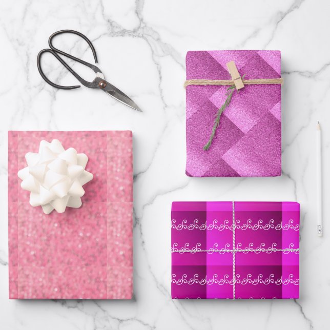 Beautiful Pink Faux Glitter Wrapping Paper Sheets (Front)
