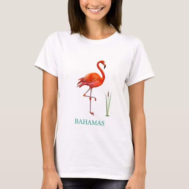 Beautiful Pink Flamingo Bird & Reed Plant  T-Shirt (Front)