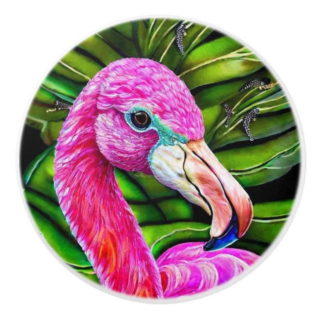 Beautiful pink flamingo in front of green foliage ceramic knob (Front)