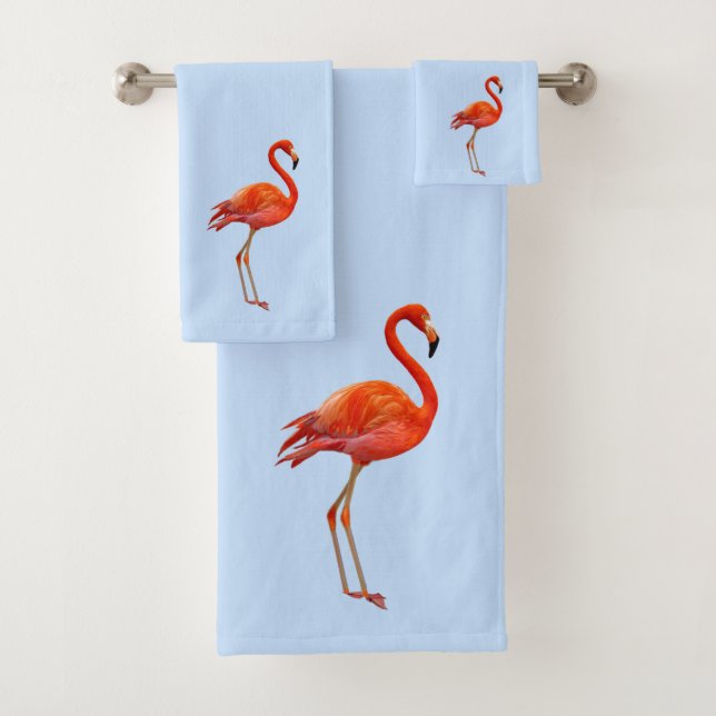 Beautiful Pink Flamingo on Light Blue Bath Towel Set (Insitu)