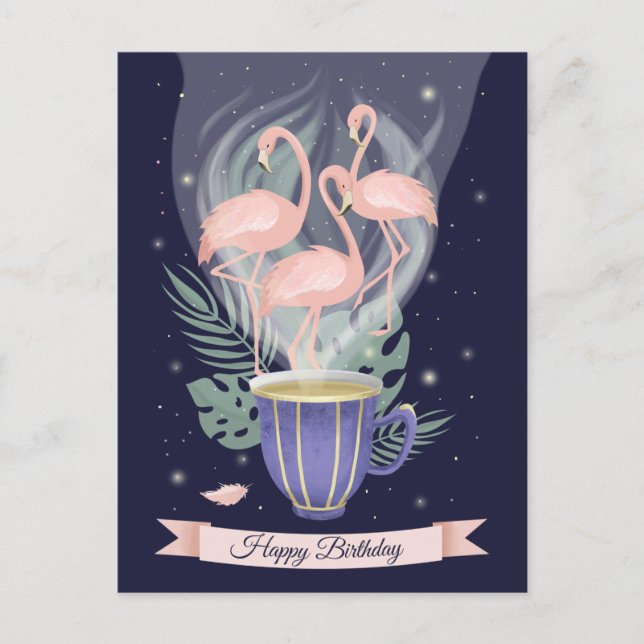 Beautiful Pink Flamingo Tea Time Postcard (Front)