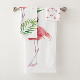 Beautiful pink flamingos and tropical leaves bath towel set