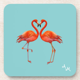 Beautiful Pink Flamingos & Monogram on Light Blue Coaster