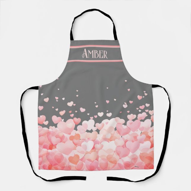 Beautiful Pink Floating Hearts on Dark Grey Apron (Front)