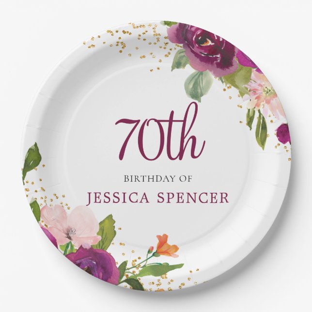 Beautiful Pink Floral 70th Birthday Party Paper Plate (Front)