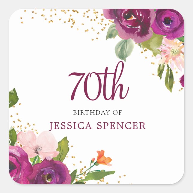 Beautiful Pink Floral 70th Birthday Party Square Sticker (Front)