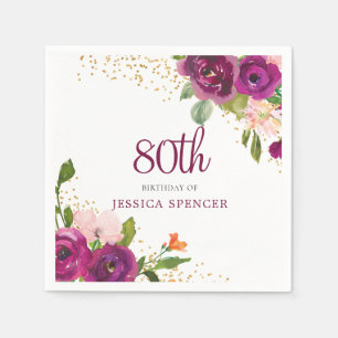 Beautiful Pink Floral 80th Birthday Party Napkin