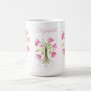 Beautiful Pink Floral Art Painted Look Name  Coffee Mug