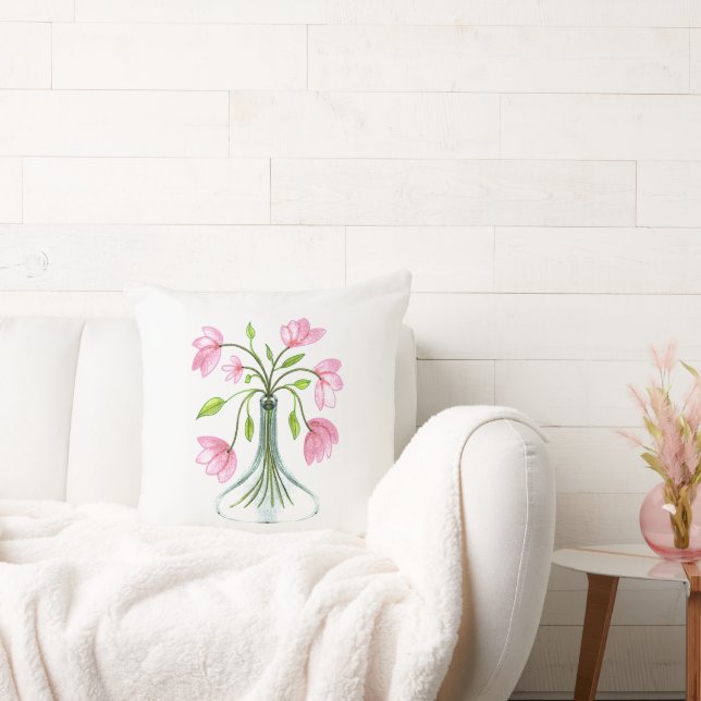 Beautiful Pink Floral Art Painted Look  Throw Pillow (Couch)