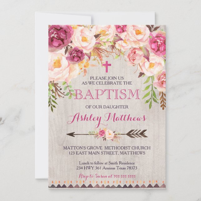 Beautiful Pink Floral BAPTISM Invitation (Front)