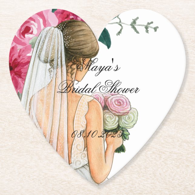 beautiful pink floral bridal shower paper coaster (Front)