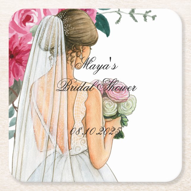 beautiful pink floral bridal shower square paper coaster (Front)