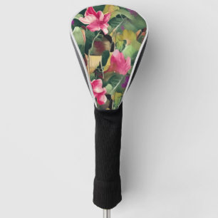 Beautiful Pink Flower and Tropical Leaf Pattern Golf Head Cover