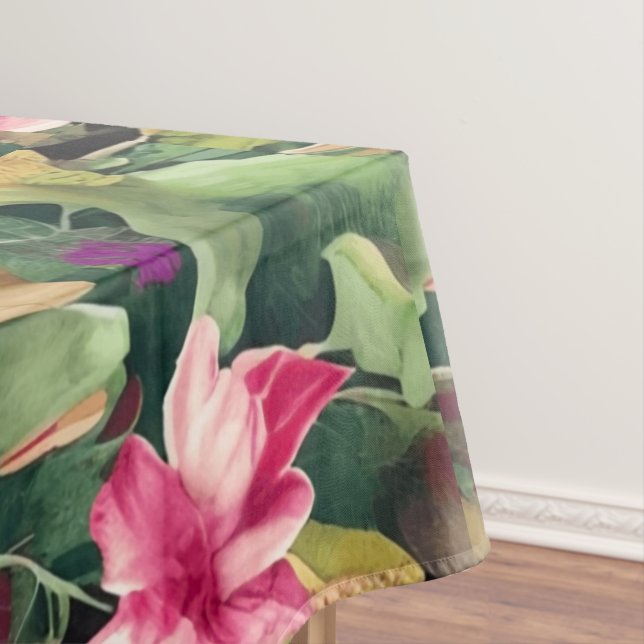 Beautiful Pink Flower and Tropical Leaf Pattern   Tablecloth (In Situ)