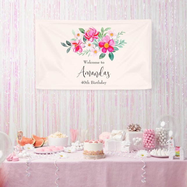 Beautiful Pink Flower Bouquet Birthday Welcome Banner (Party)
